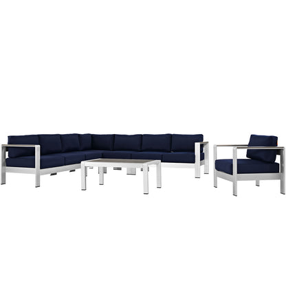 Shore 7 Piece Outdoor Patio Aluminum Sectional Sofa Set by Modway in Silver Navy