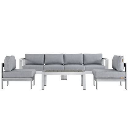 Shore 5 Piece Outdoor Patio Aluminum Sectional Sofa Set by Modway in Silver Gray