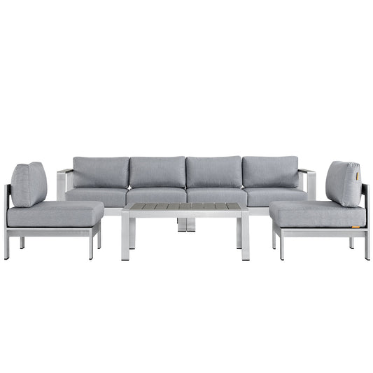 Shore 5 Piece Outdoor Patio Aluminum Sectional Sofa Set by Modway in Silver Gray