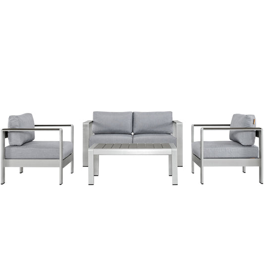 Shore 4 Piece Outdoor Patio Aluminum Sectional Sofa Set by Modway in Silver Gray