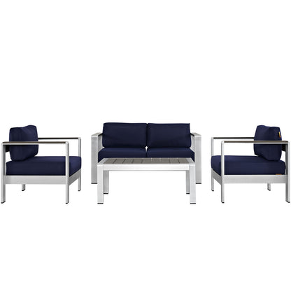 Shore 4 Piece Outdoor Patio Aluminum Sectional Sofa Set by Modway in Silver Navy