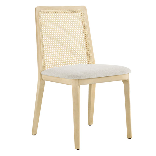 Monarch Wood and Rattan Dining Side Chair  in Antique White Natural Heathered Weave Ivory