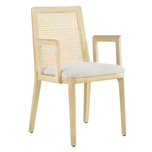 Monarch Wood and Rattan Dining Armchair  in Antique White Natural Heathered Weave Ivory