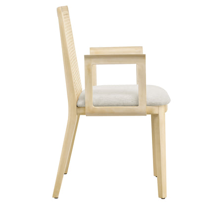 Monarch Wood and Rattan Dining Armchair  in Antique White Natural Heathered Weave Ivory