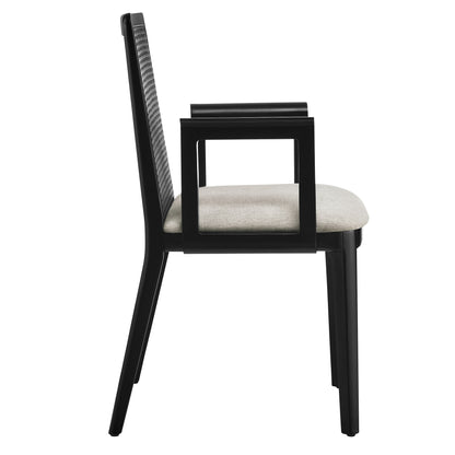 Monarch Wood and Rattan Dining Armchair  in Black Black Heathered Weave Ivory
