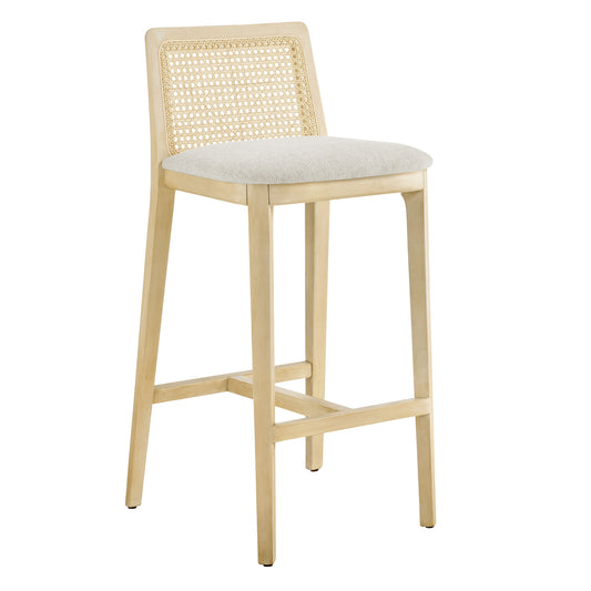 Monarch Wood and Rattan Bar Stool  in Antique White Natural Heathered Weave Ivory