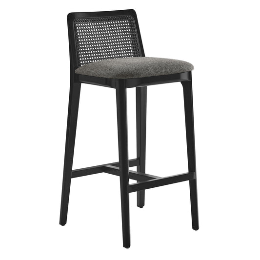Monarch Wood and Rattan Bar Stool  in Black Black Gray