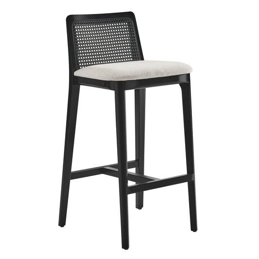 Monarch Wood and Rattan Bar Stool  in Black Black Heathered Weave Ivory