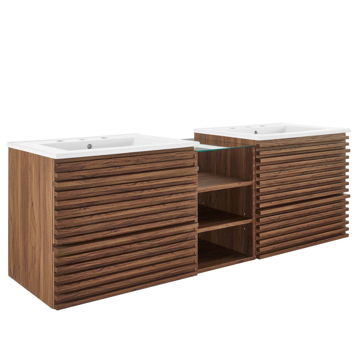 Render 62" Wall-Mount Double Sink Bathroom Vanity  in Walnut White