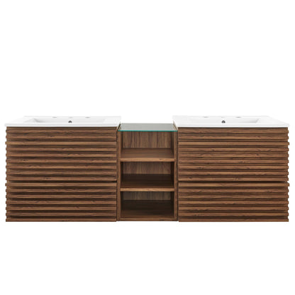 Render 62" Wall-Mount Double Sink Bathroom Vanity  in Walnut White