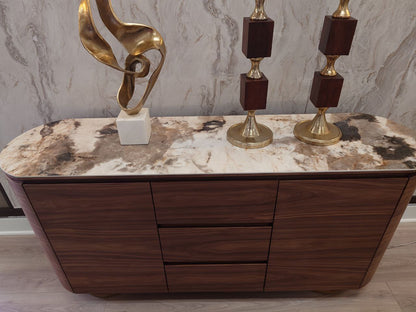 Modern curved 63" Sideboard finished in Walnut with ceramic stone top