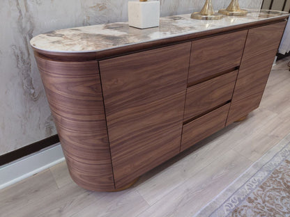 Modern curved 63" Sideboard finished in Walnut with ceramic stone top