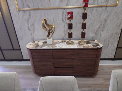 Modern curved 63" Sideboard finished in Walnut with ceramic stone top