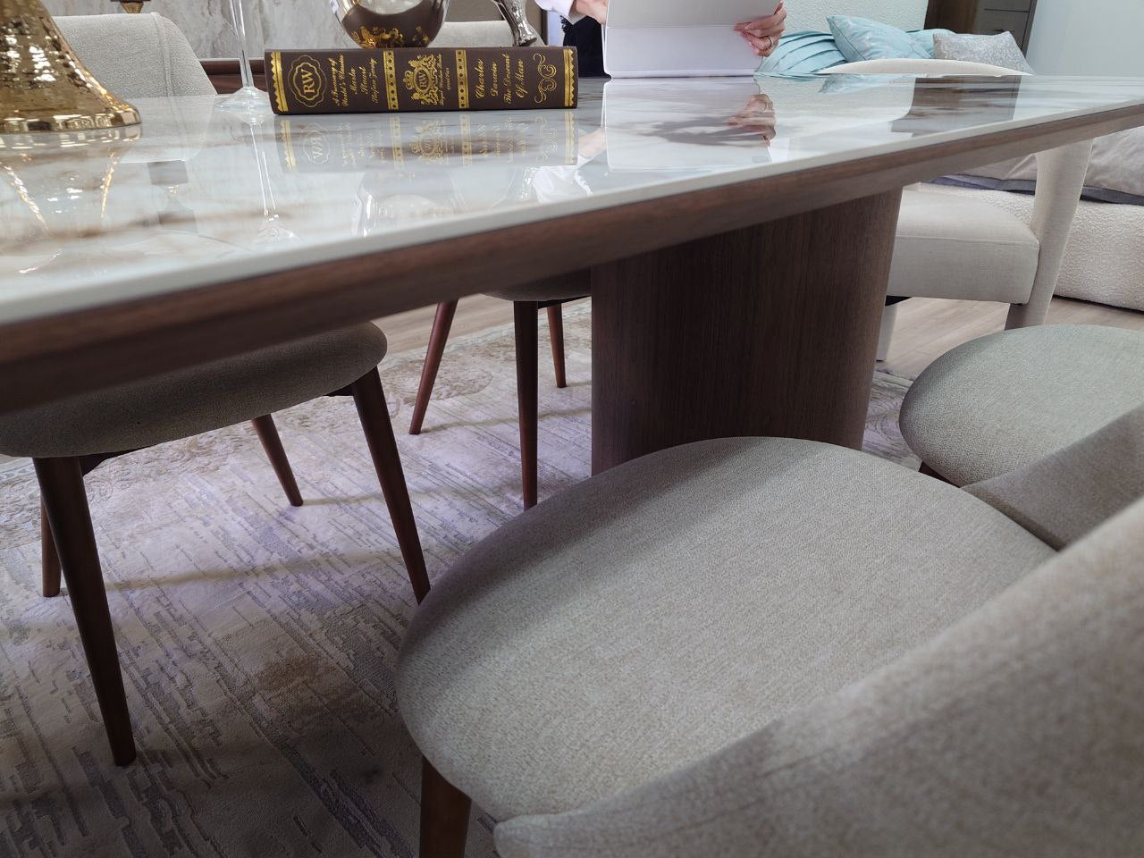 94" Ceramic stone top Dining Table With Walnut Flutted Base