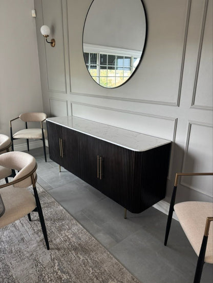 Flutted Marble Dark Wood Sideboard With Brass Handles