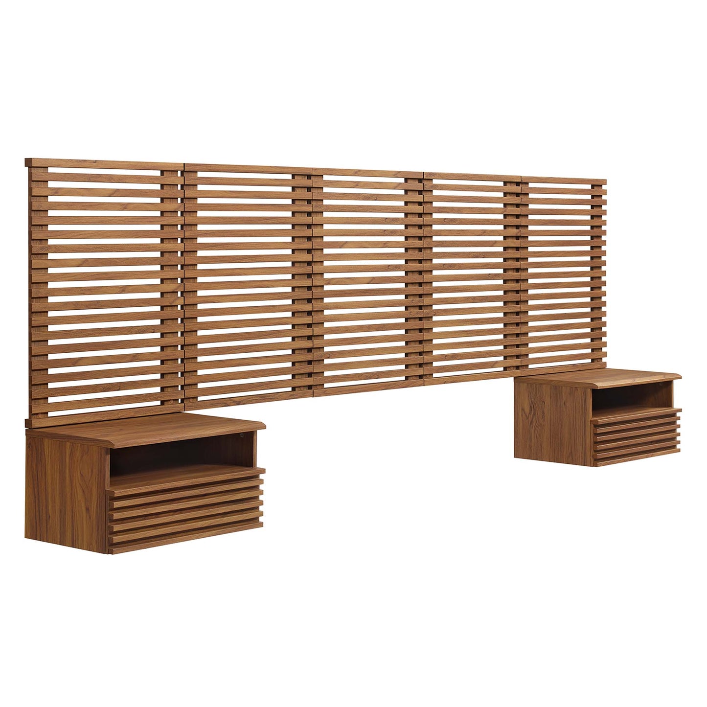 Render Wall Mount Queen Headboard and Modern Nightstands  in Walnut