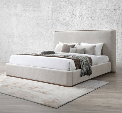 Gorgeous Fully upholstered King platform bed with wood accents - no box spring needed