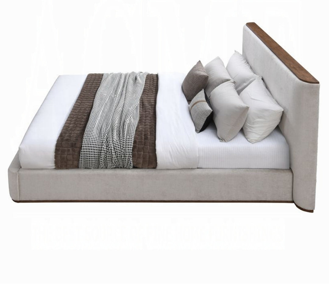 Gorgeous Fully upholstered King platform bed with wood accents - no box spring needed