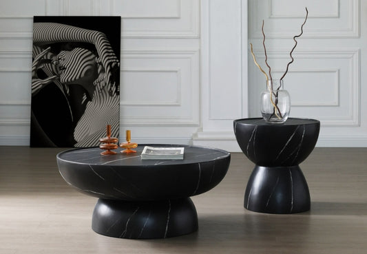 Modern 35.5" Black & White Faux Marble Round Coffee Table