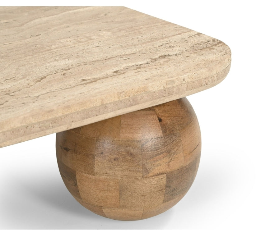 Gorgeous Modern Solid Travertine Stone and Wood Square Coffee Table