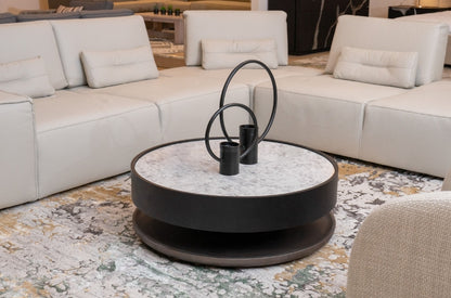 Modern 36.5" Ceramic Stone Black Oak Round Coffee Table