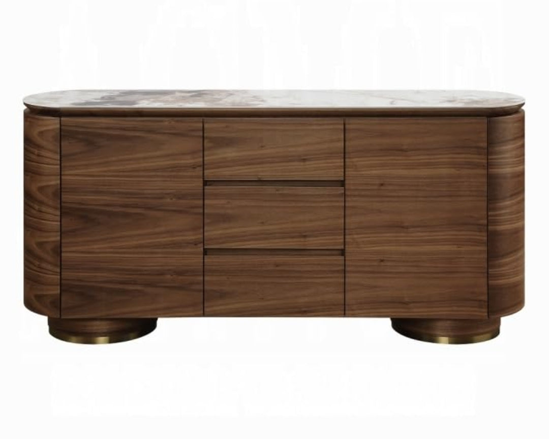 Modern curved 63" Sideboard finished in Walnut with ceramic stone top