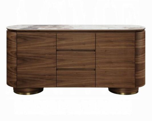 Modern curved 63" Sideboard finished in Walnut with ceramic stone top