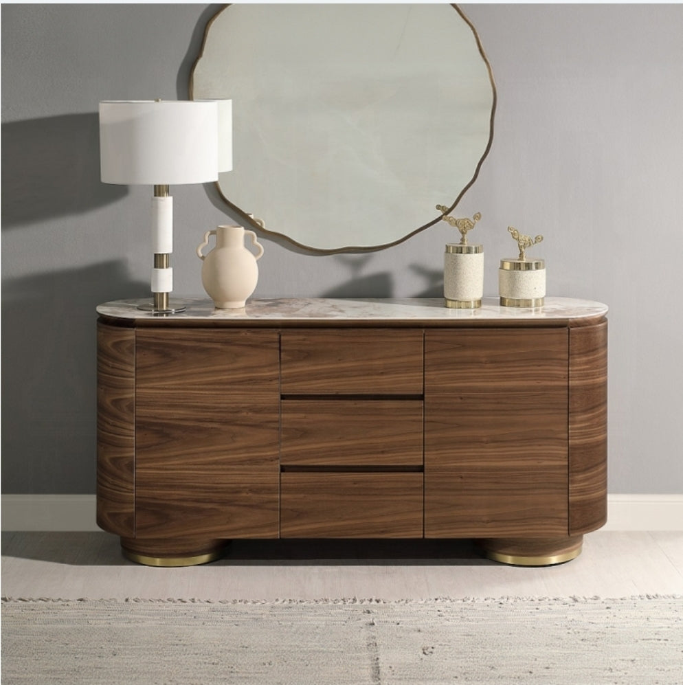 Modern curved 63" Sideboard finished in Walnut with ceramic stone top