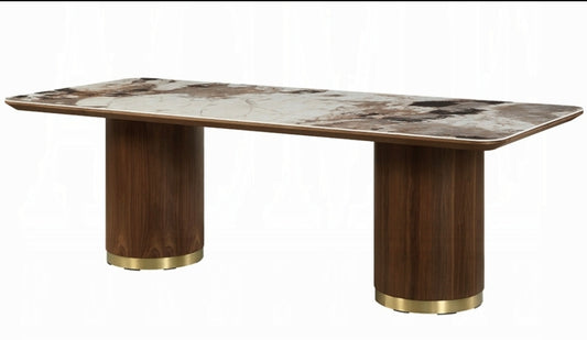 94" Ceramic stone top Dining Table With Walnut Flutted Base