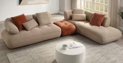 Gorgeous tufted Right facing sectional upholstered in soft beige performance mesh fabric