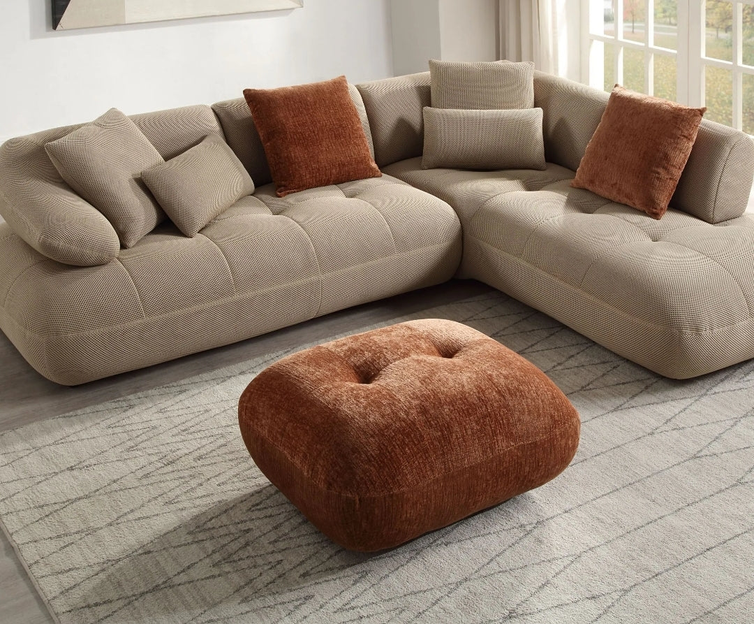 Gorgeous tufted Right facing sectional upholstered in soft beige performance mesh fabric