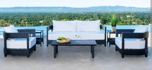 Santiago Black Coated Aluminum Seating Set - White Sunbrella Cushions
