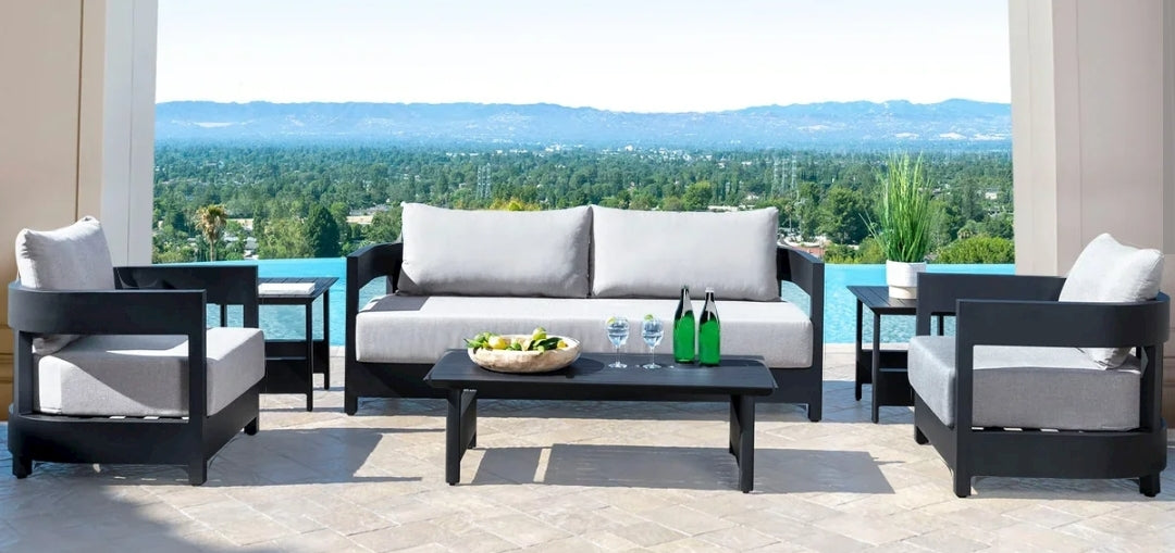 Santiago Black Coated Aluminum Seating Set - White Sunbrella Cushions