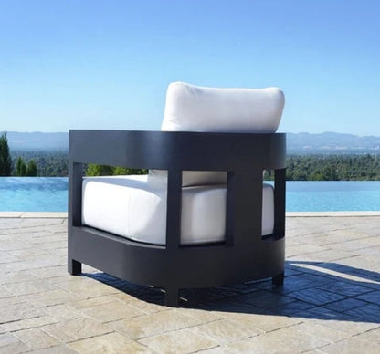 Santiago Black Coated Aluminum Seating Set - White Sunbrella Cushions