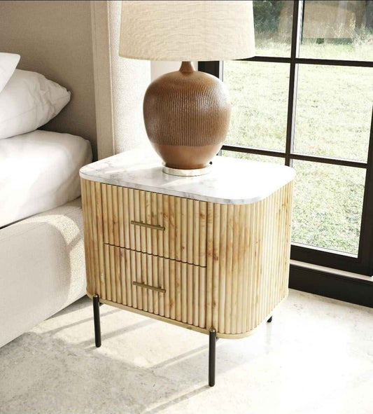 2 Drawer Nightstand with White Carerra Marble & Solid Flutted Mango  Mango Wood