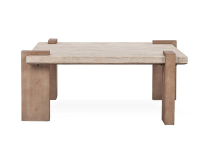 40" Solid Travertine Square Coffee Table with solid reclaimed pine wood