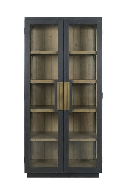 Brand New 82" Black Solid Reclaimed Wood Cabinet with tempered glass door with brass handles