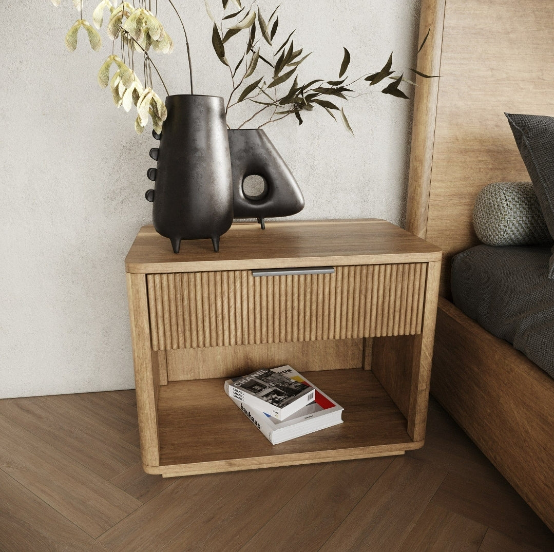 Lili Natural Oak Nightstand with Flutted wood