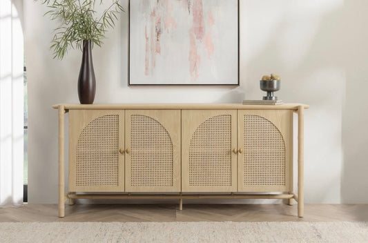 Brand New 79" Solid Oak Wood 4Dr Sideboard Cabinet with cane and antiqued brass handles