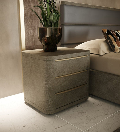 Modern Grey Leather & Beige Shagreen Bedroom Set