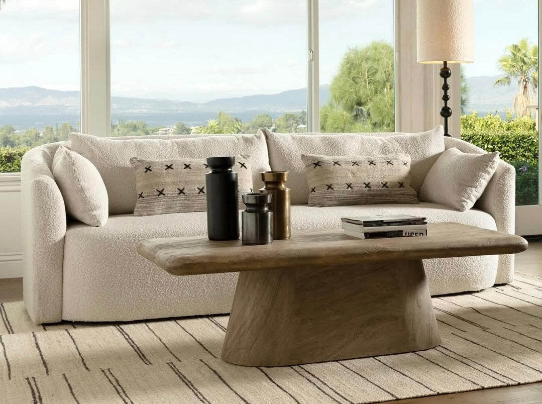 Mackay Bench seat Sofa upholstered in performance fabric ivory and camel