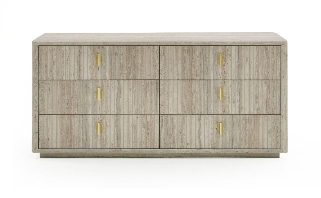 Rolan 6 Drawer Dresser with Travertine Finish and gold accent pulls
