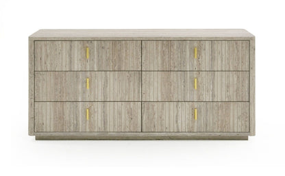 Rolan 6 Drawer Dresser with Travertine Finish and gold accent pulls