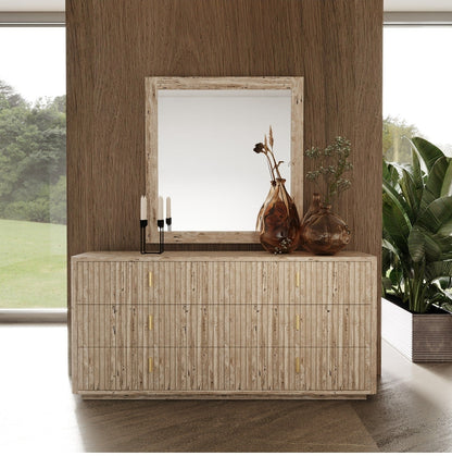 Rolan 6 Drawer Dresser with Travertine Finish and gold accent pulls