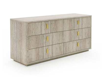 Rolan 6 Drawer Dresser with Travertine Finish and gold accent pulls