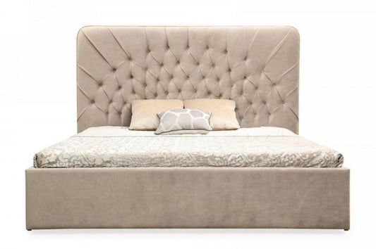 Moontide Queen Glam Beige Velvet and Brushed Brass Bed