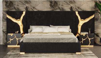 Aram Modern Glam Black Gold Bed + Nightstands