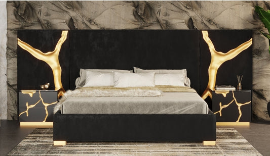 Aram Modern Glam Black Gold Bed + Nightstands