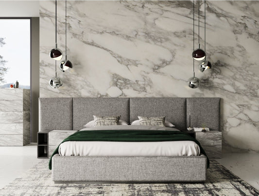 King Maranello Modern Grey Fabric Bed w/ Two Nightstands