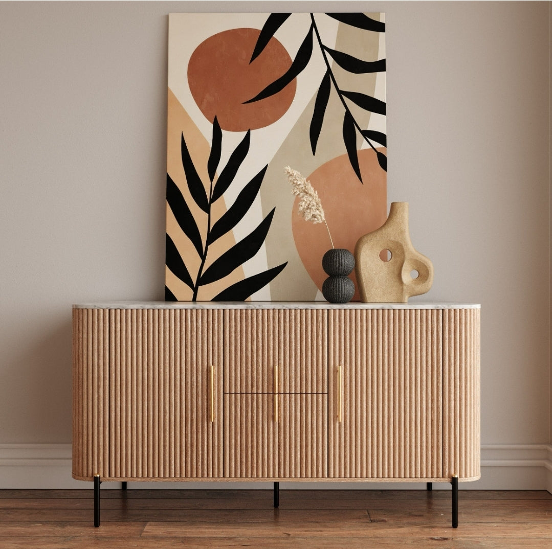 Gorgeous Solid Wood and White Carerra Marble 2 Door Sideboard w/ stunning brass handles
